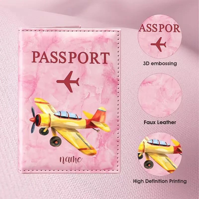 Custom Name Watercolor Style Airplane Illustration Design Passport Holder, Featuring a Yellow Vintage Airplane and English Name