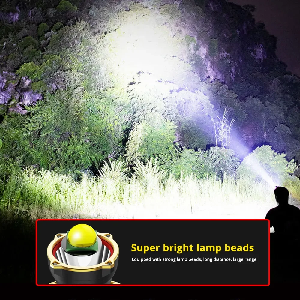 Yellow/White LED Headlamp USB Rechargeable Headlight Waterproof Fishing Head Flashlight 3 Modes Camping 18650 Power Bank Lantern