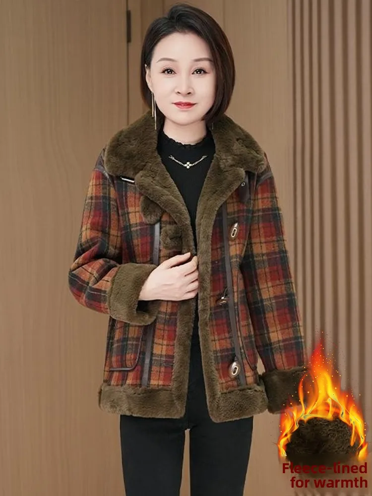 เสื้อโค้ทขนแกะลายสก็อตย้อนยุคสำหรับผู้หญิง เสื้อโค้ทกันหนาวแฟชั่นอุ่นสบายสำหรับฤดูหนาว พร้อมผ้าคลุมหน้า เสื้อคลุมสำหรับผู้หญิง