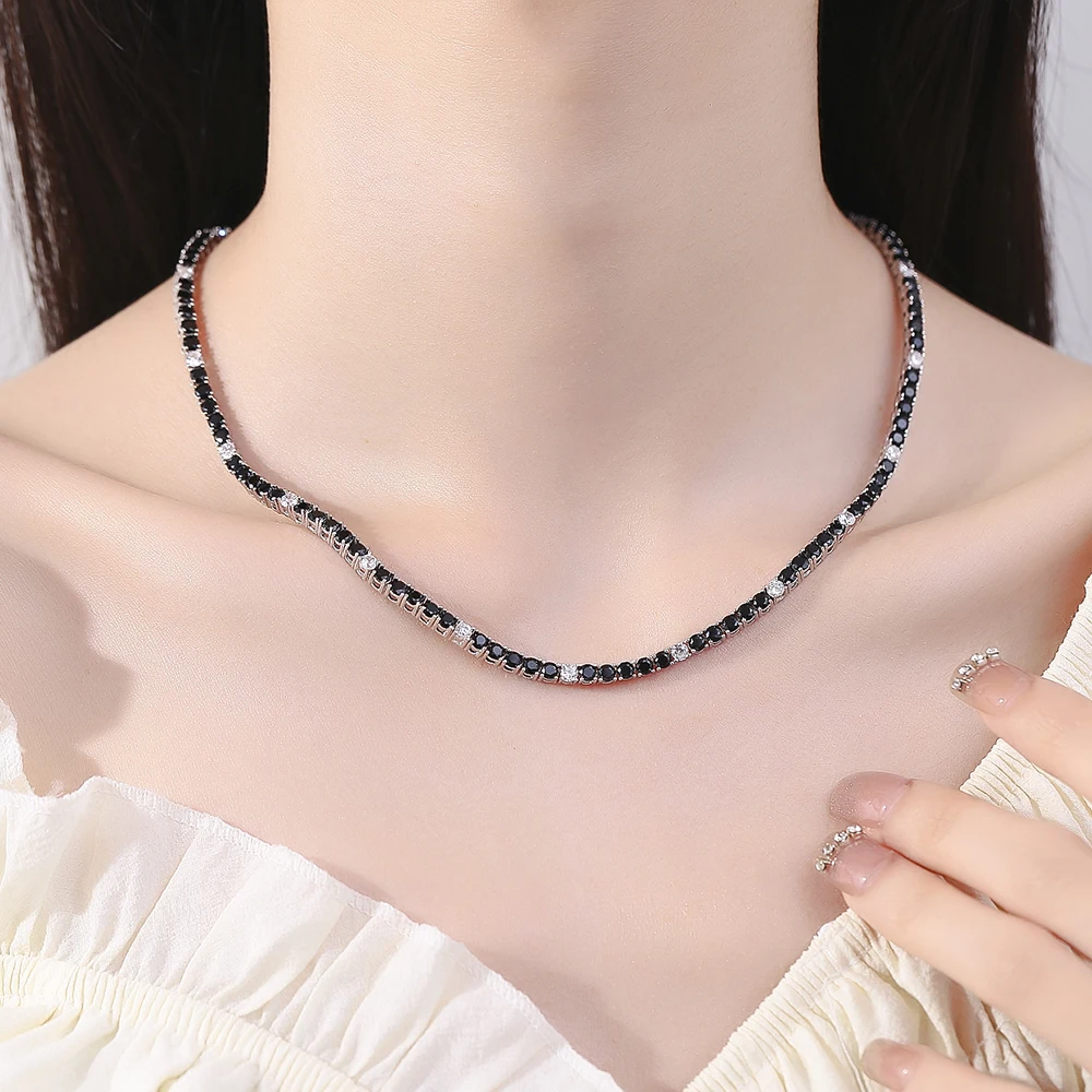 16/18 Inch (41/45 cm) Real 925 Sterling Silver Tennis Chain Necklace 3 mm wide 5pc Black Mix 1pc White Cubic Zircon Fine Jewelry