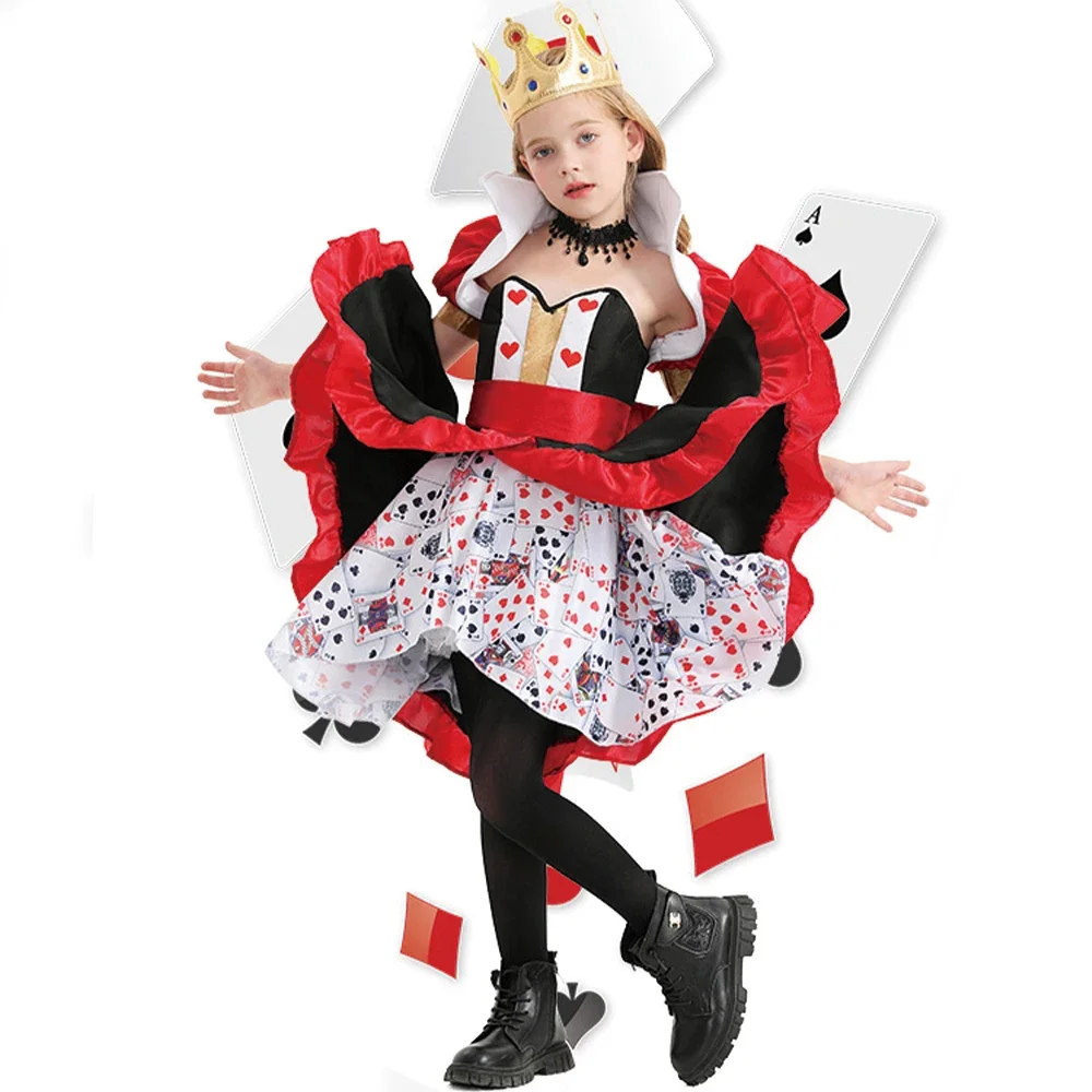 Halloween Children Girls Poker Queen Cosplay Costume Alice in Wonderland Children Peach Heart Queen Poker Printed Dress