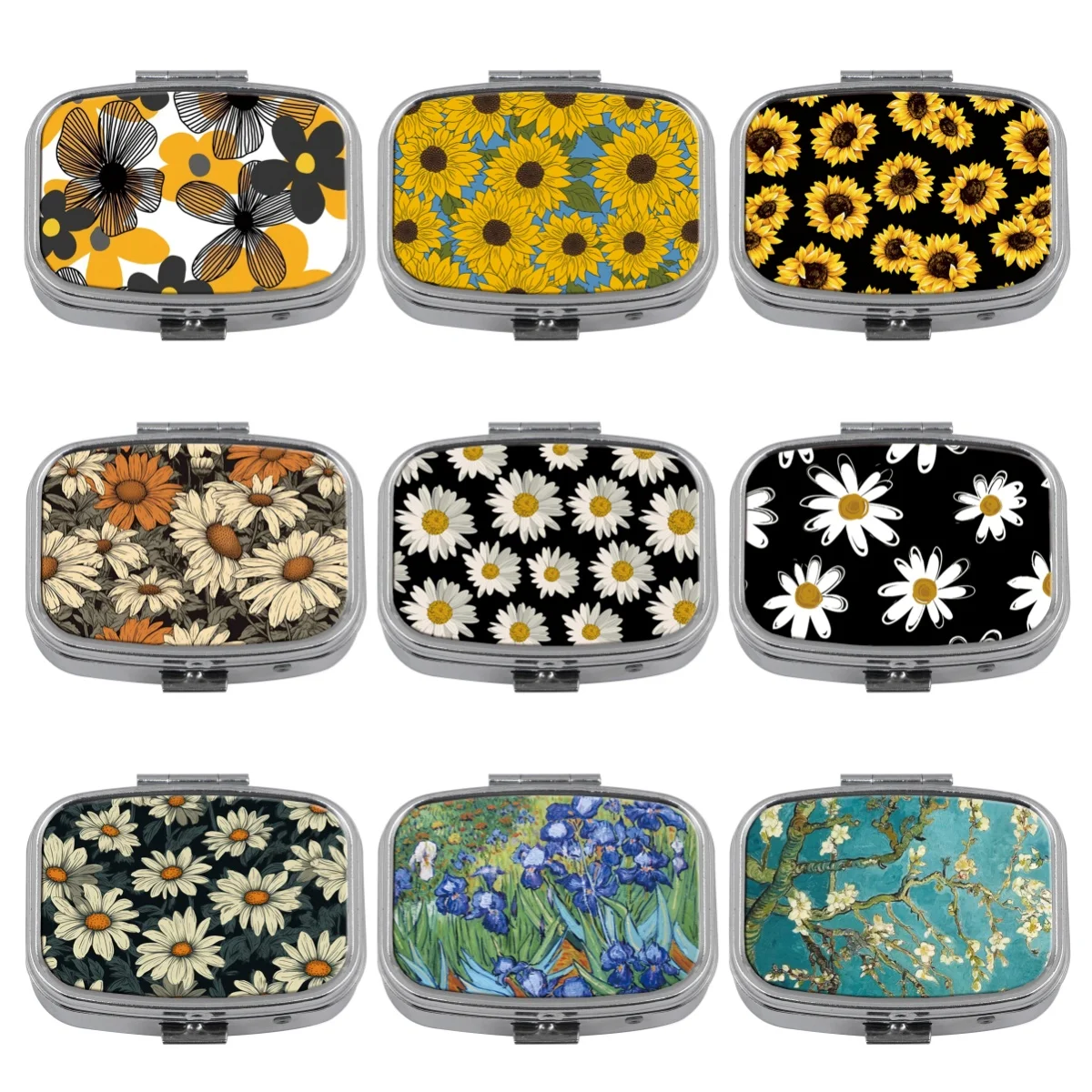 

Charming Flowers Daisy Metal Medicine Box with 2 Compartments Portable Travel Sealed Small Pill Organizer Container Storage