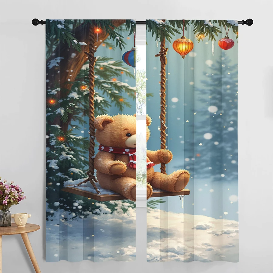 2PCS Christmas Winter Curtains, Teddy Bear Swing, Digital Print, Bedroom Living Room Kitchen, Rod Pocket Polyester, Home Decor