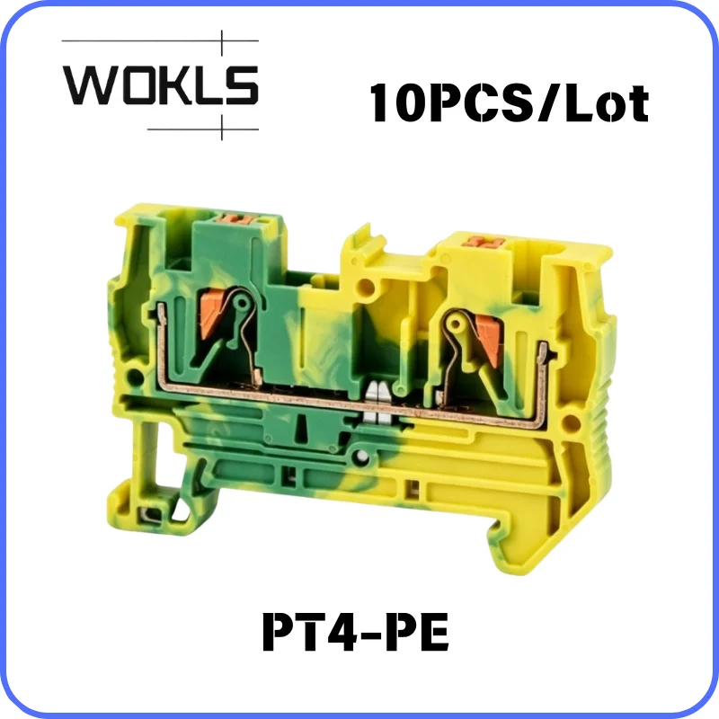 PT4-PE DIN Rail Mount PE Terminal Block 32A Quick Push Spring Ground Wiring Connector Plastic Housing