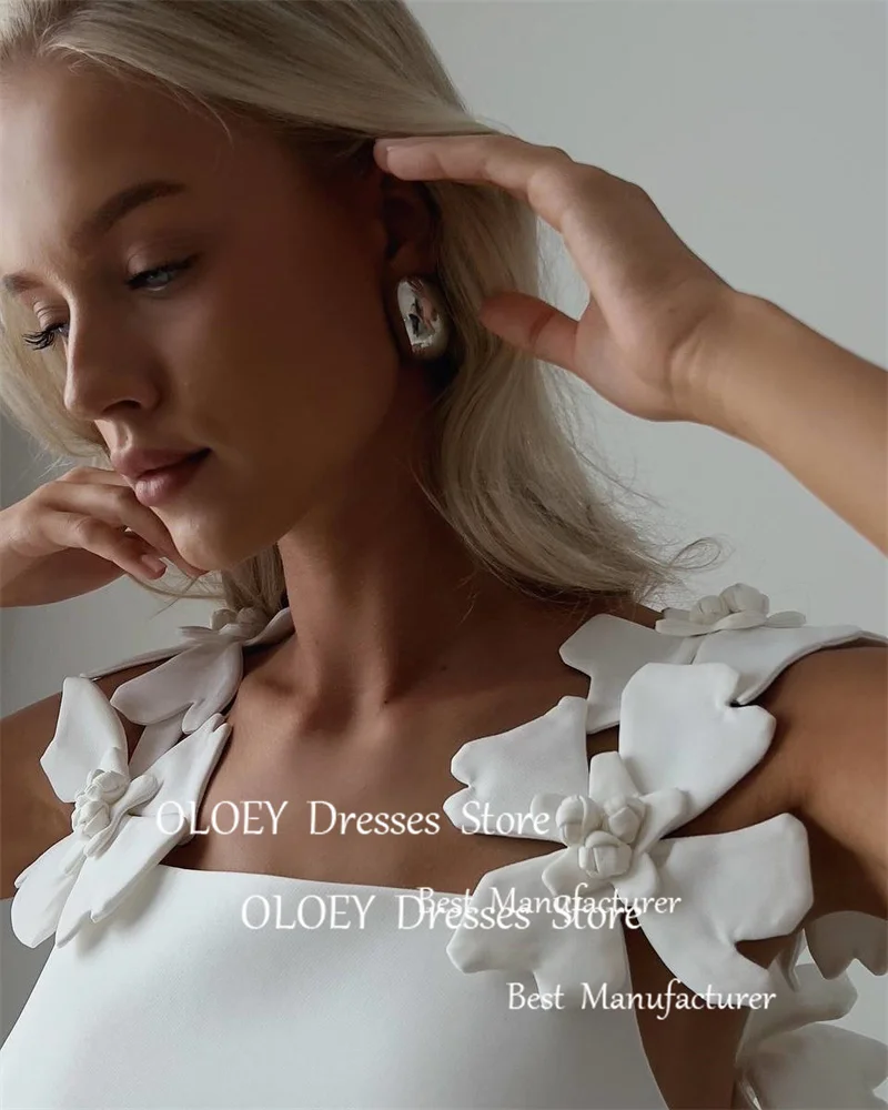 OLOEY-vestido de cetim para mulheres, gola quadrada, flores 3D, branco, vestidos de casamento para grávidas, cetim grosso