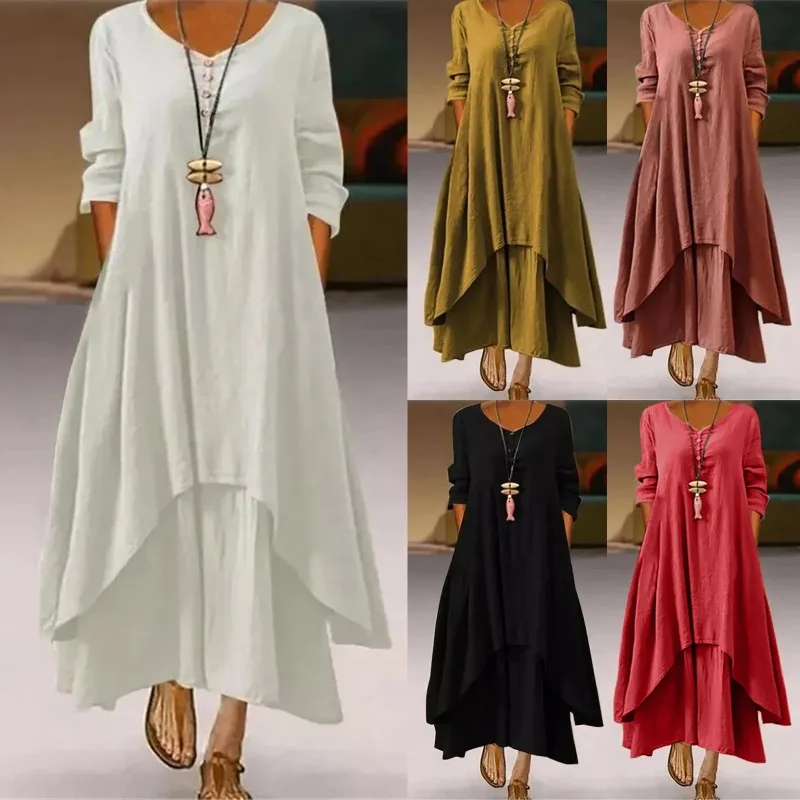 Plus Size 2023 Summer Dress Women Cotton Linen Pocket Dress for Women Streetwear Button O-neck Loose Solid Asymmetric Dresses