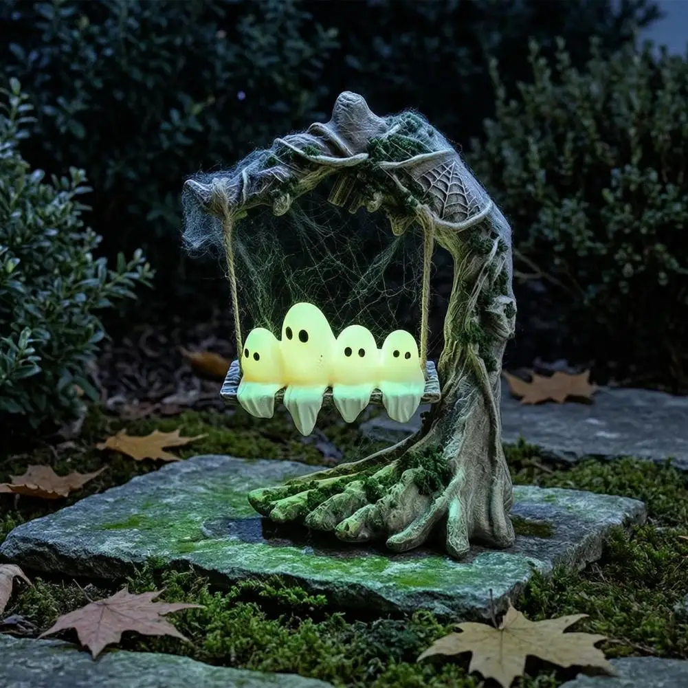Ghost Figurine Glowing Ghost Swing Yard Decor Weatherproof Halloween Outdoor Garden Ornament with Green Light Spooky Patio