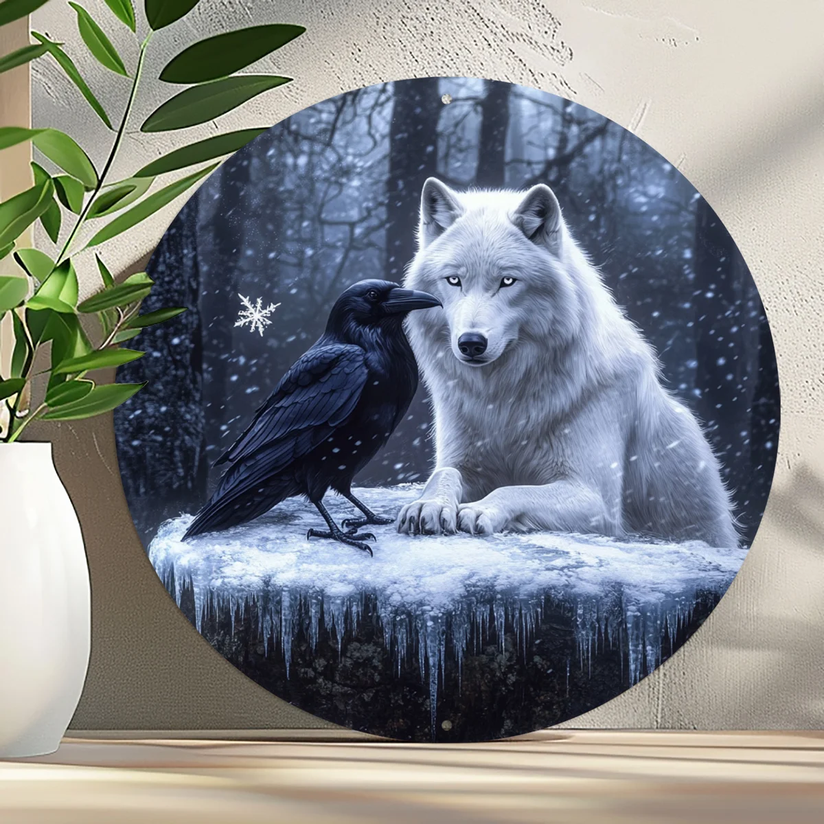 2D Flat, 1pc Vintage Wolf & Crow Snowy Forest Aluminum Metal Round Wreath Wall Art - 8x8 Inch Rustic Home Decor for Farmhouse, C