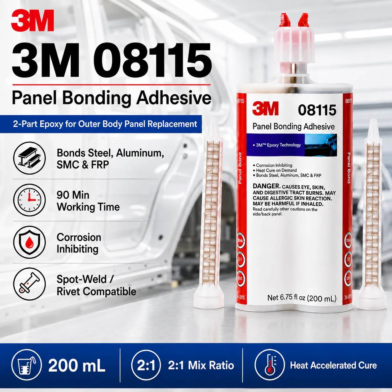 Original 3M 08115 Automotive Panel Bonding Adhesive 200ml Two-Part Epoxy for Weld Bonding Steel Aluminum Repair