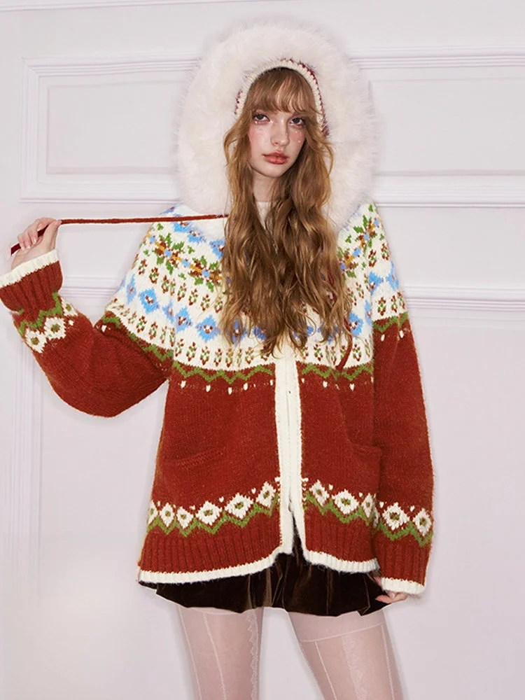 

Зимний женский свитер Elfsa с большим меховым воротником, вязаный красный цвет, повседневный длинный открытый кардиган свека, Thiened, нейлон, полиэстер...