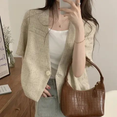 스타일아유 여성 빈티지 V넥 반팔 자켓 숏 블레이저 간절기룩 트렌디자켓 세련된룩 JP0547