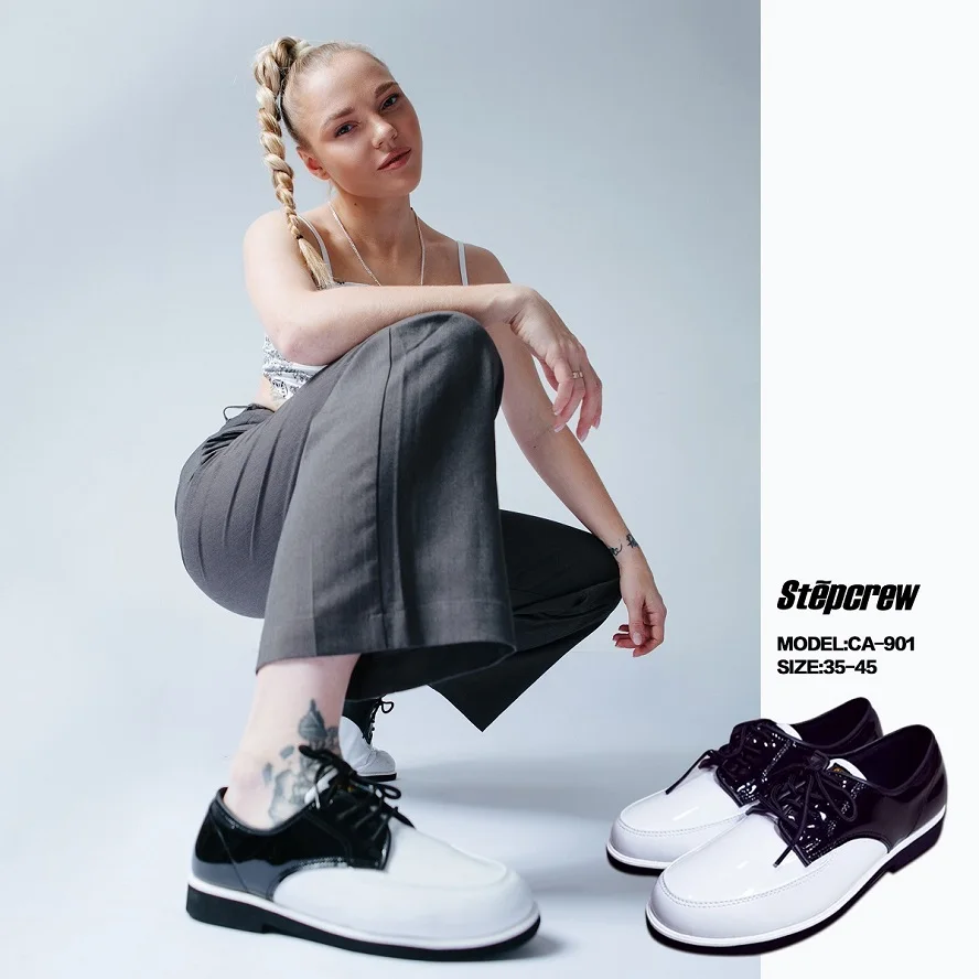 Classic Black and White Full Brightness Surface Popping Shoes Hip Hop Dance Leather Shoe Woman Men Ladies Modern Jazz Sneakers