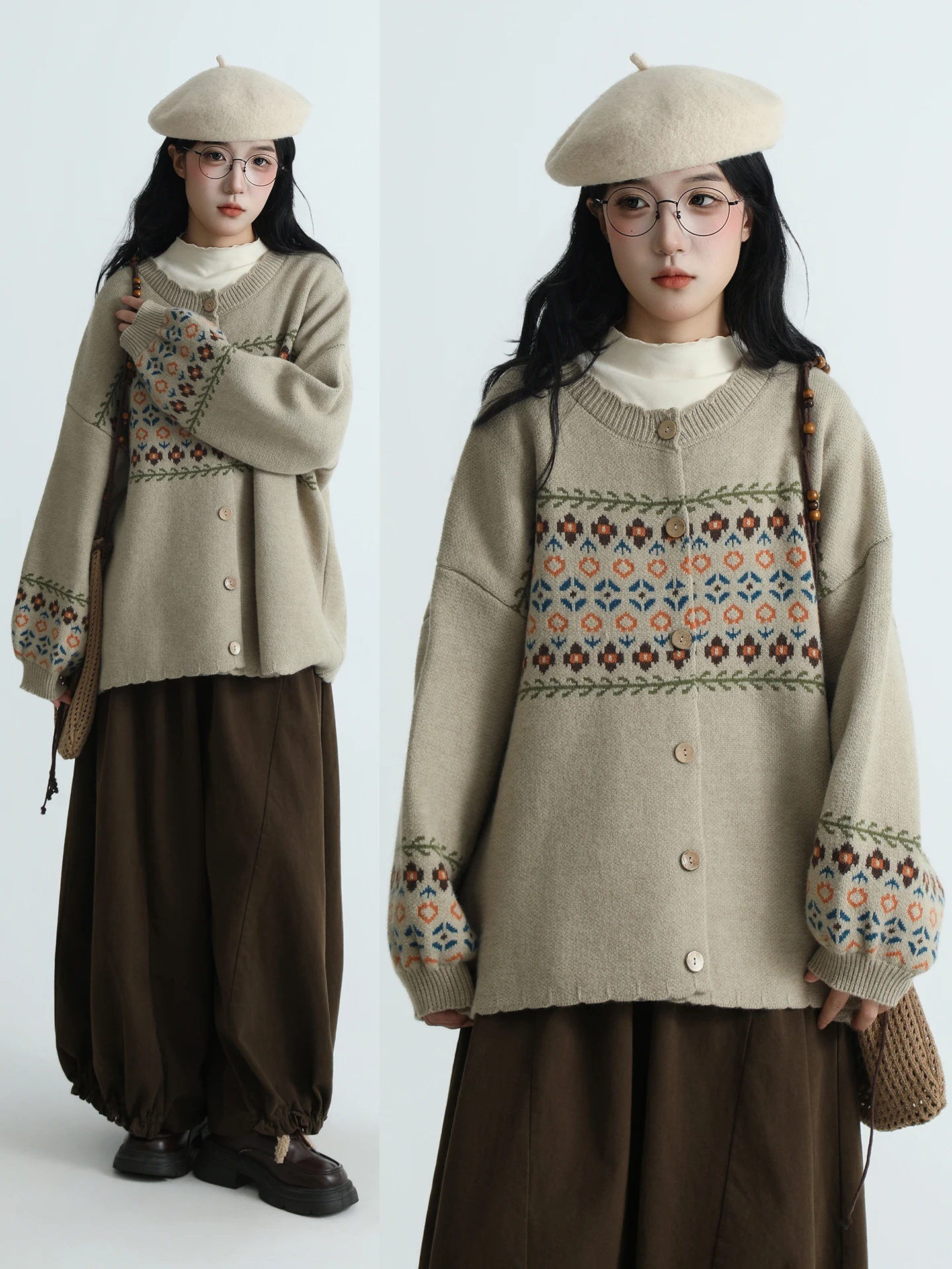 

Вязаный свитер-пальто BOUREN для женщин, зимний, свободного кроя, с вышивкой, цветочный узор, хлопок, длинный рукав, круглый вырез