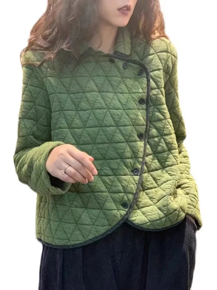 レディース レトロ 配色 ダイヤモンド格子柄 コットンジャケット 秋冬新作 ラペルカラー ゆったり 厚手 暖かい コットンコート