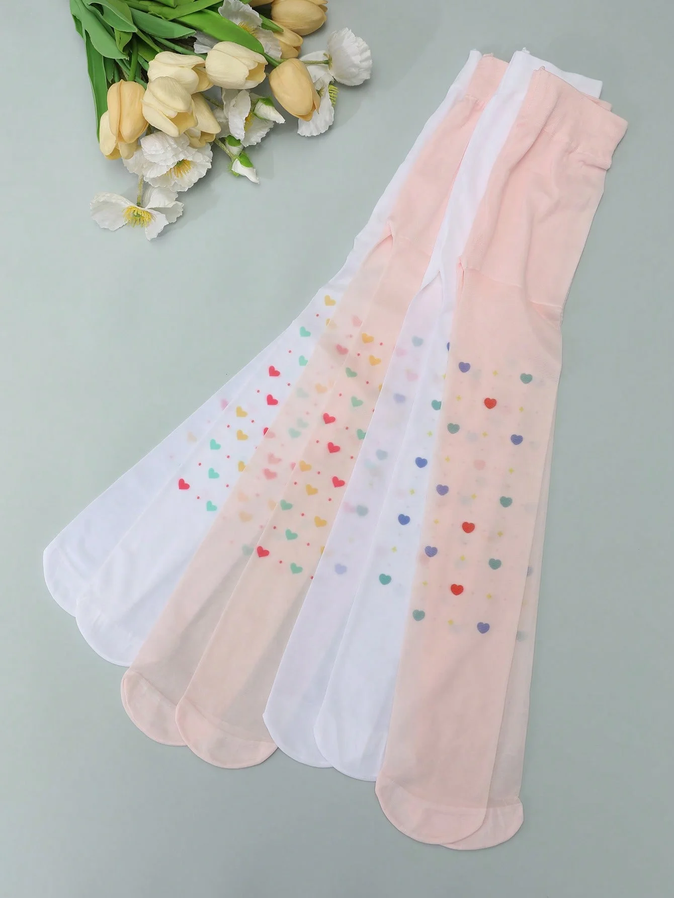 4Pcs Girls Heart-Shaped and Butterfly Print Stockings,Ultra-Thin and Breathable Upf 50+ Physical Uv Protection Tights for 20-30 ℃