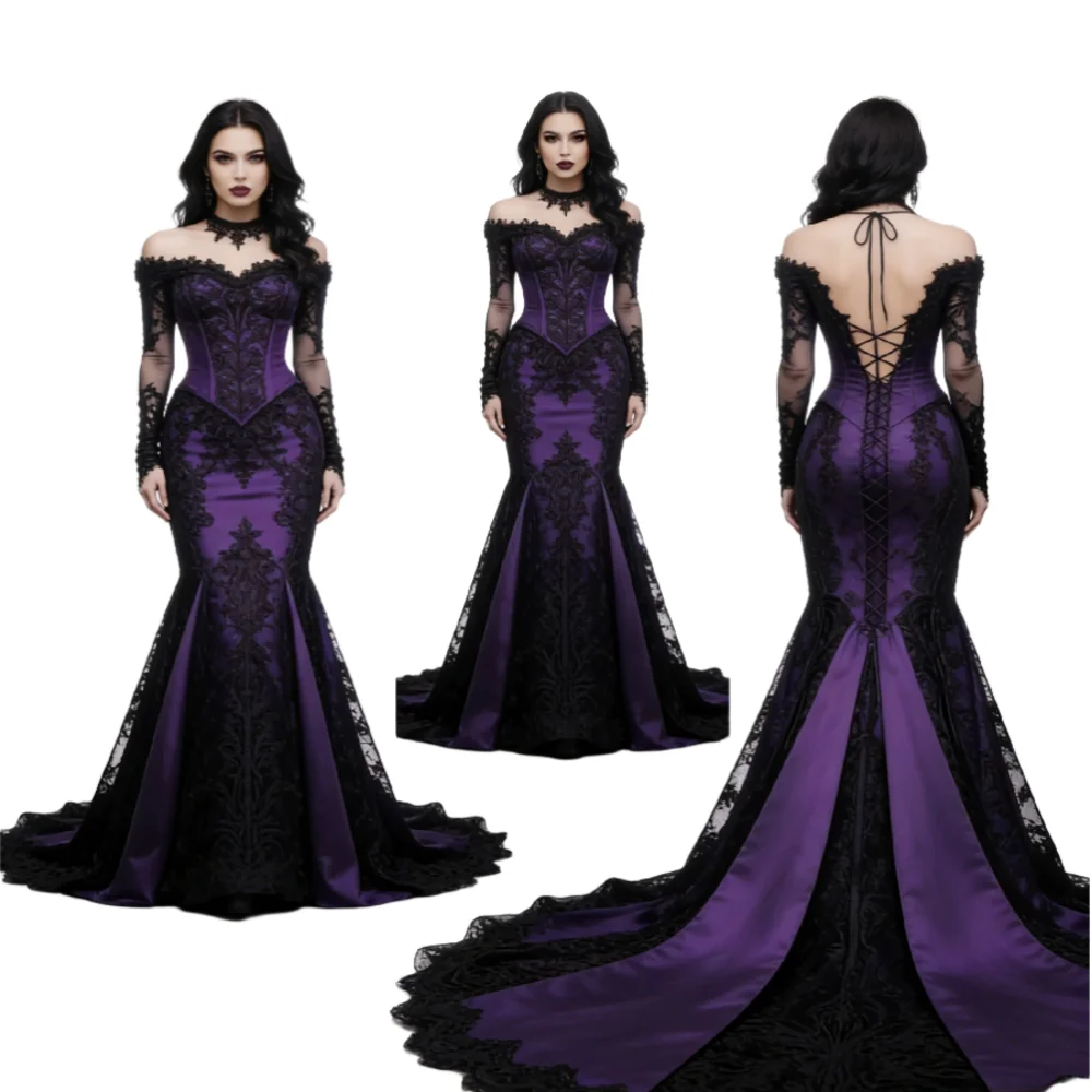 Vintage Purple Gothic Wedding Dress With Black Lace Elegant Mermaid Off Shoulder Long Sleeve Boho Bridal Gowns Vampire Halloween