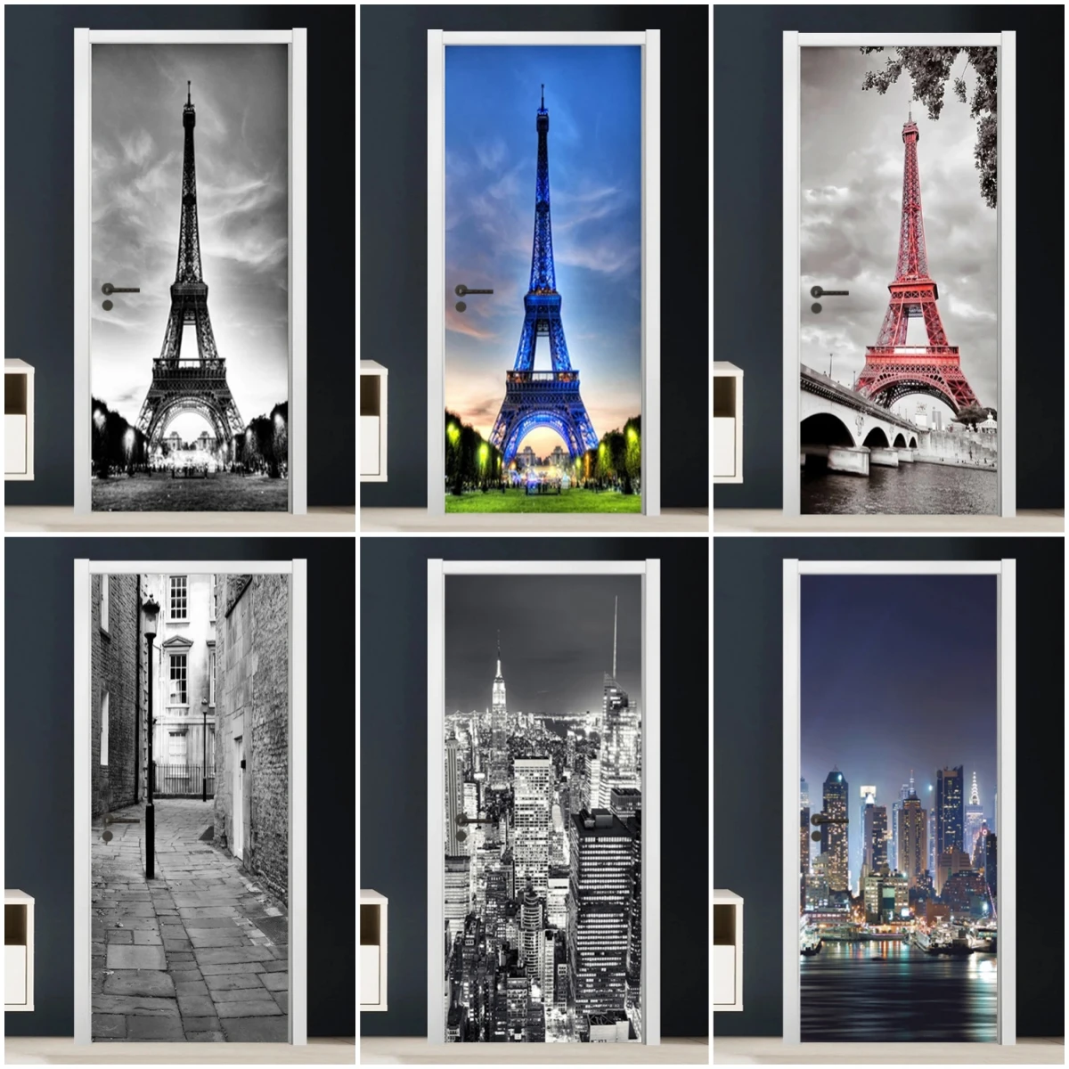 

Home Decor 3D Door Sticker PVC Self-adhesive Removable Modern City Buildings Street Wall Art Decal Waterproof Door Murals