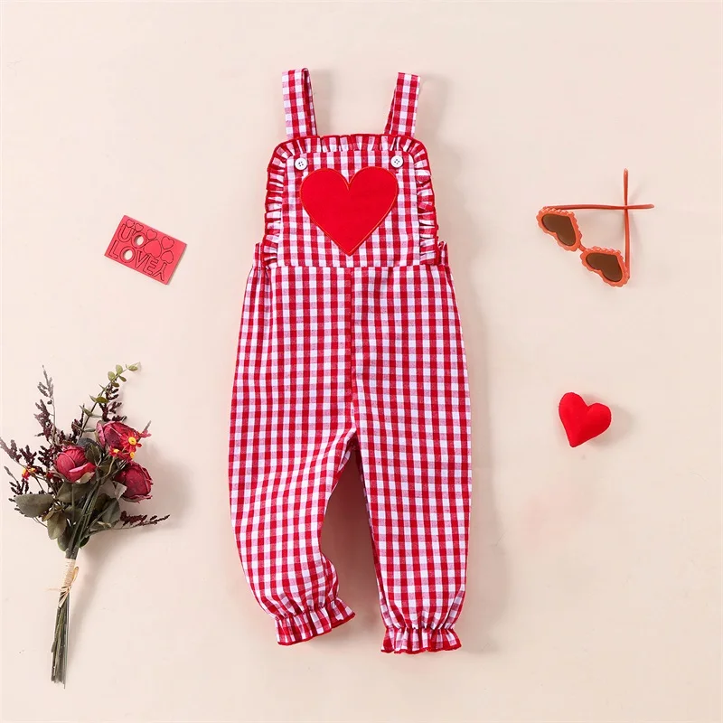 Suefunskry Baby Girl Bib Romper Sleeveless Heart Plaid Print Jumpsuit Ruffle Square Neck Suspender Pants Valentine’s Day Outfit