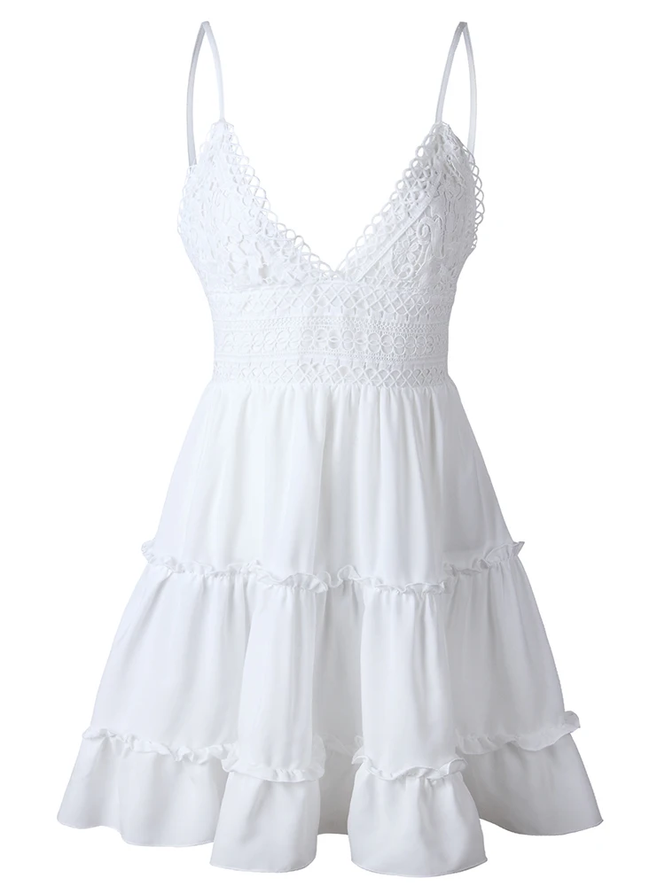 女性の白いレースのサマードレス,セクシーなビーチウェア,ホルターネック,ホルターネック,ノースリーブ,スパゲッティストラップ,カジュアル,ミニ,2022