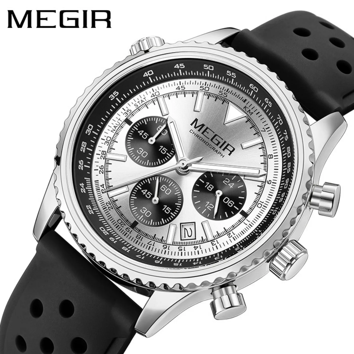 MEGIR Silver Black Quartz Watch Men Military Sport Chronograph Wristwatch with Silicone Strap Luminous Hands Auto Date 2236 view 5