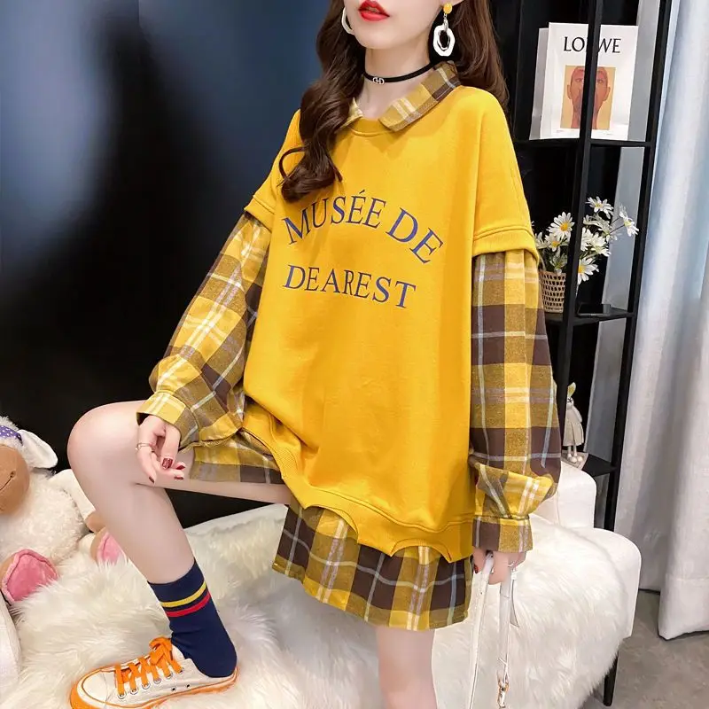 Autumn Korean Patchwork Turn-down Collar Long Sleeve T-Shirts Women Clothes All-match Plaid Loose Sweatshirts Fake Two Pieces