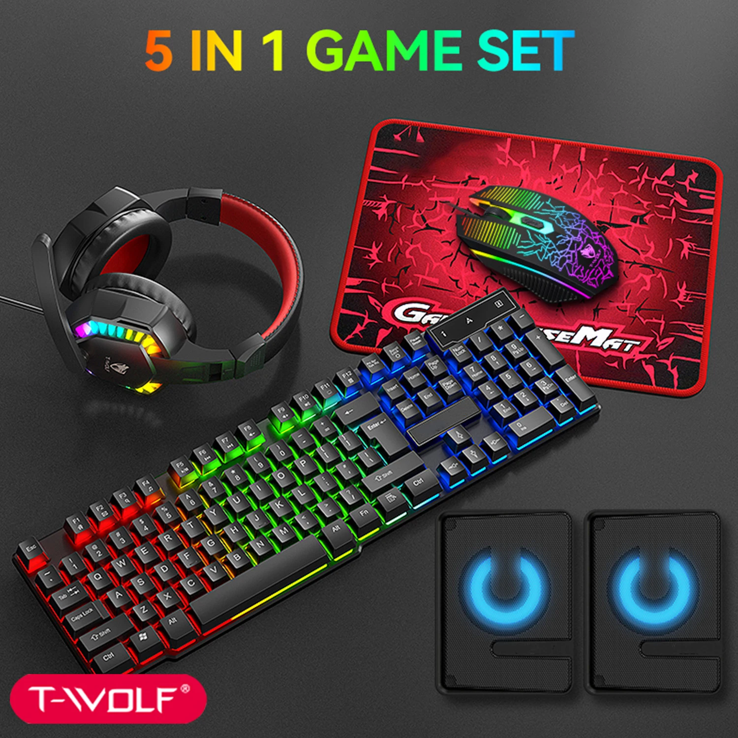 

2025Новая механическая игровая клавиатура, динамик 5 в 1, комплект RGB, механическая клавиатура, игровые наушники, мышь, геймерская комбинированная USB-проводная связь
