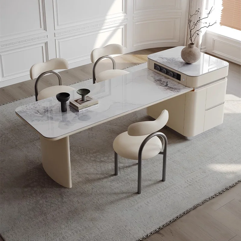 طاولة طعام جزيرة بلاطة الصخور الفاخرة الخفيفة، المطبخ المنزلي المتكامل، انهيار تخزين قابل للسحب بالرياح الكريمية #2