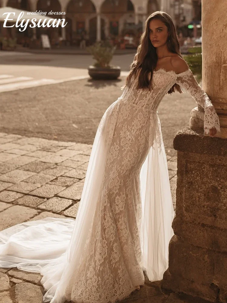 Maßgeschneiderte Brautkleider mit Overlay-Rock, neue lange Ärmel, schulterfrei, Spitze, Meerjungfrau, Brautkleider, Vestidos de Novia