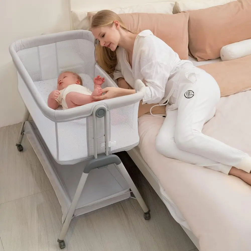 Portable Adjustable Height Baby Bassinet with Wheels and Included Mattress (Beige)
