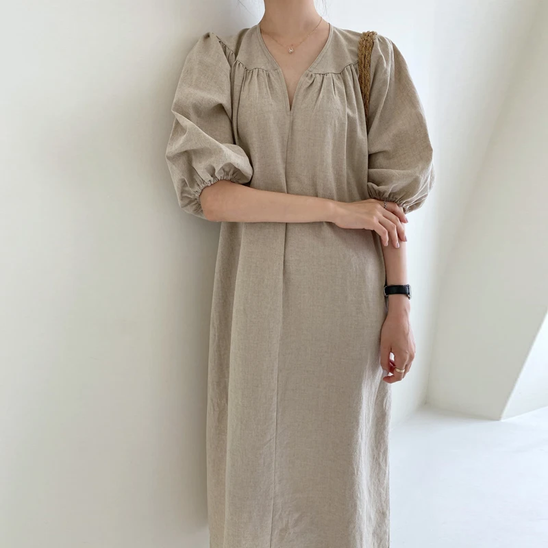 Johnature New Solid Color V-neck Women Dress 2024 Summer Korean Puff Sleeve Loose Simple Casual Female Dresses 2 Colors