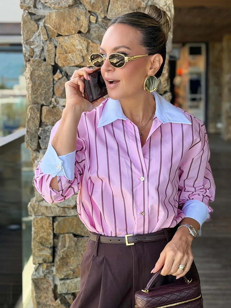 

HH Female Spring Fashion Loose Versatile Blouse Women Elegant Pink Striped Lapel Long Sleeve Single Breasted Casual Shirt Mujer