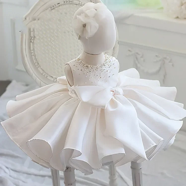 Girl's Bow Summer Girl Dress Bow Long Ball Gown Sleeveless Birthday Princess Dress Pearl  Birthday Party Evening Dress 1-10 Y