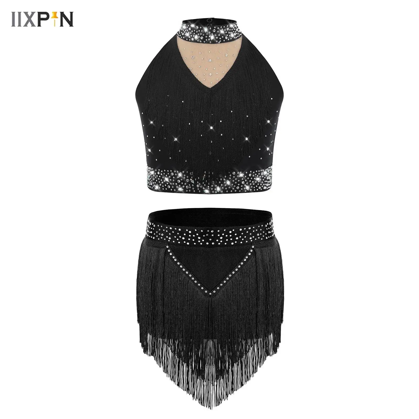 

Latin Dance Clothing Kids Girls Mock Neck Sleeveless Fringe Sparkly Rhinestones Vest Top+Tassels Skirt Set Tango Samba Cha-cha