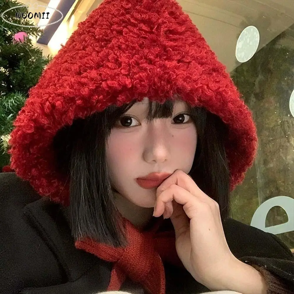 

Модная пушистая новогодняя красная шапка-бини, антихолодная зимняя плюшевая шапка, однотонная теплая шапка из овечьей шерсти для девочек