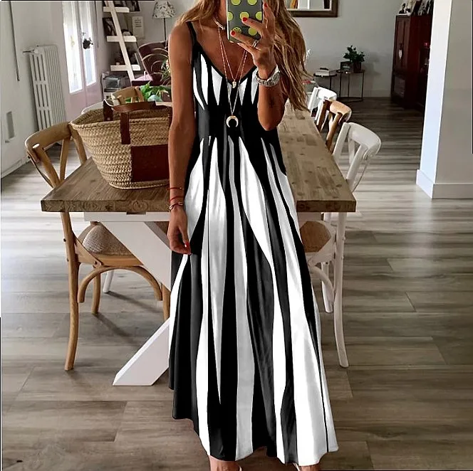 Summer Striped Print Sleeveless Dress Casual Loose Jumpsuit Overall Playsuit Matching Set