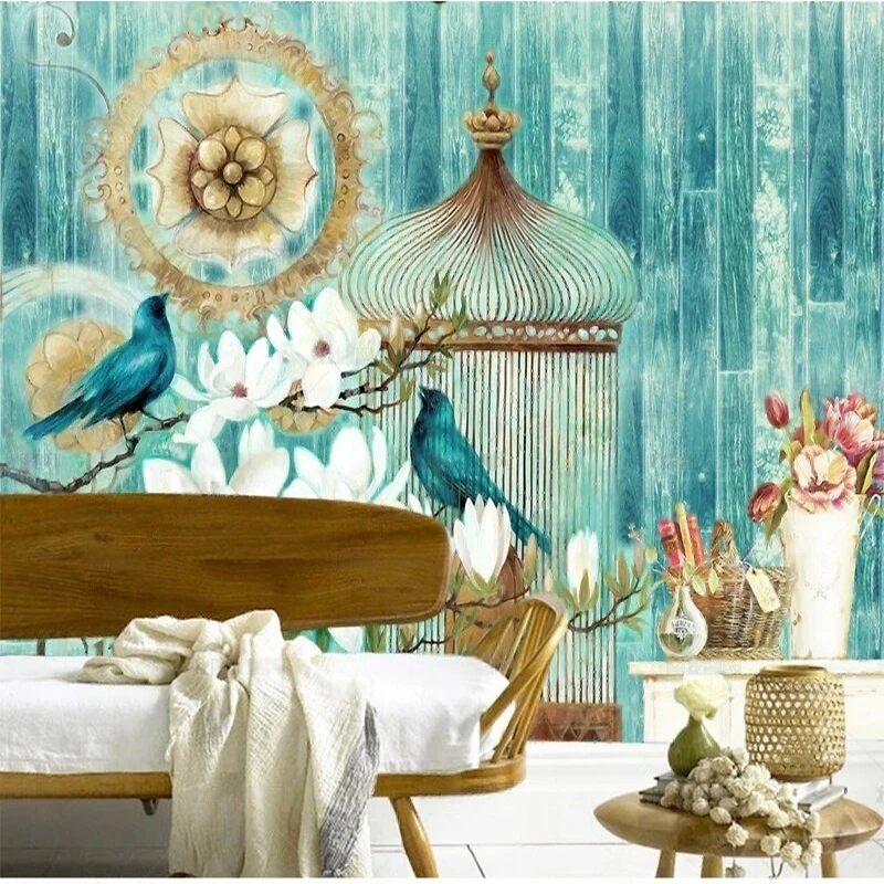 Modern and simple European country-style flower-and-bird design retro wooden wall TV luxurious home bedroom background wall