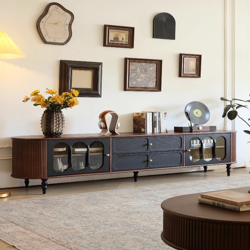 

Французский средневековый стиль, твердая древесина, черная рябь, ТВ-шкаф, ретро-гостиная, маленькая квартира, настенный встроенный шкаф для хранения