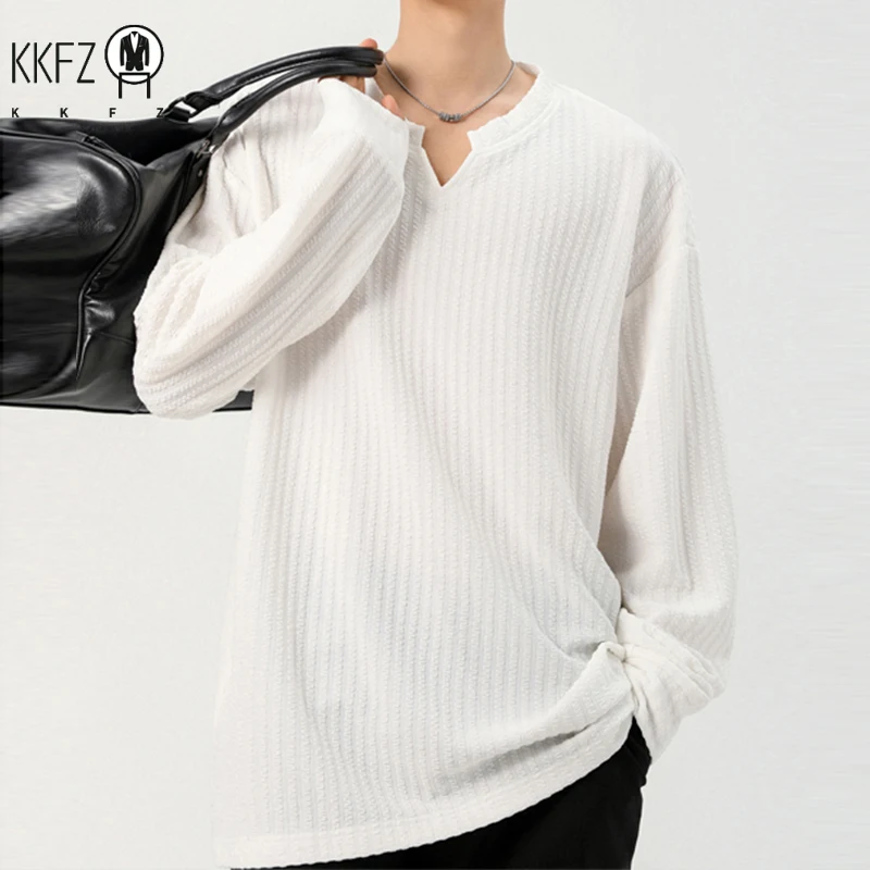 Daily Urban Henley Shirt Men Long Sleeve Split Notch Neck Vertical Texture Soft Fabric Basic Fashion Outer Garment