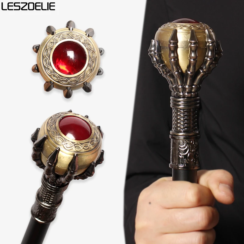 

Man Silver Dragon Claws Walking Stick Red Crystal Ball Embedded In Patterned Copper Ball Woman Halloween Party Decorative Canes
