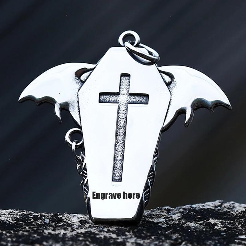 Gothic 316L Stainless Steel Coffin With Bat Pendant Necklace For Teens Punk Biker Darkly Jewelry Couple Gift Freeshipping