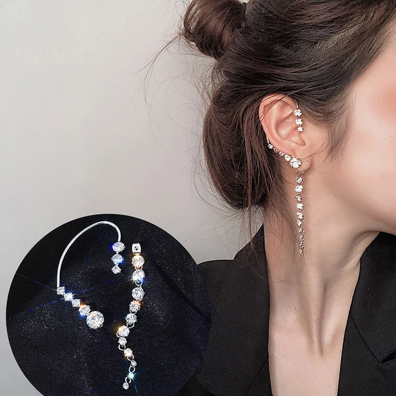 CHIMERA Korean Fashion Rhinestone Long Tassel Ear Cuff No Pierced Ear Clip Earrings for Women Wedding Party Jewelry Accessories