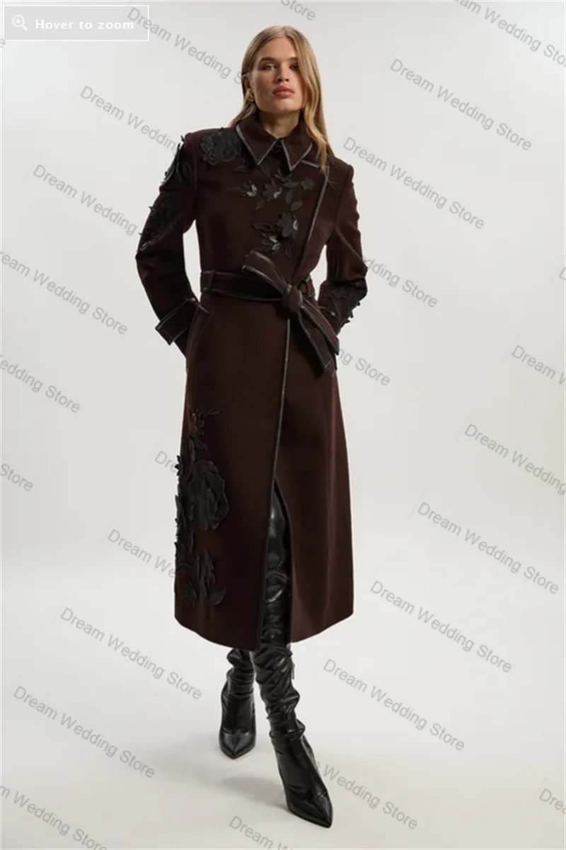 

Cashmere Wool Women Suit 1 Pcs Long Blazer Prom Dress Belted Appliqued Winter Formal Office Lady Jacket Customized Overcoat