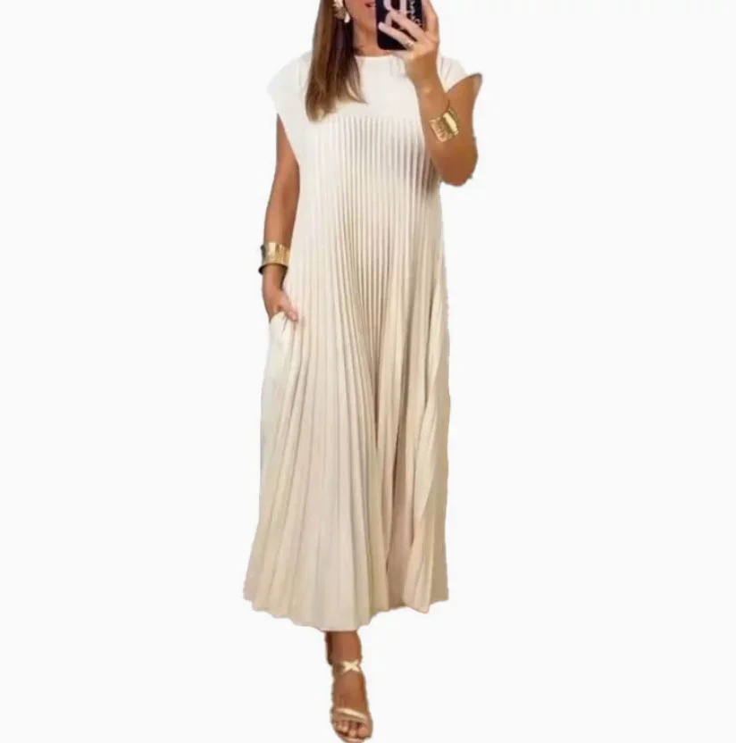 

Spring and Summer New Popular Trend European and American Fashion Trend Round Neck Sleeveless Pleated Dress Women's Long Dress
