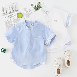 Chemise à Manches Courtes en Coton Blanc et Bleu pour Enfant Garçon, Vêtement à la Mode, avec Imprimé de Chien de Dessin Animé, Col Mandarin, pour Cadeau d'Anniversaire, Été 2024