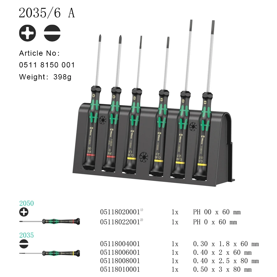 WERA 05118150001 05118152001 Precision Screwdriver Set 6Pcs and Rack for Electronic Application Anti-roll wrench 2035/6A 2035/6B