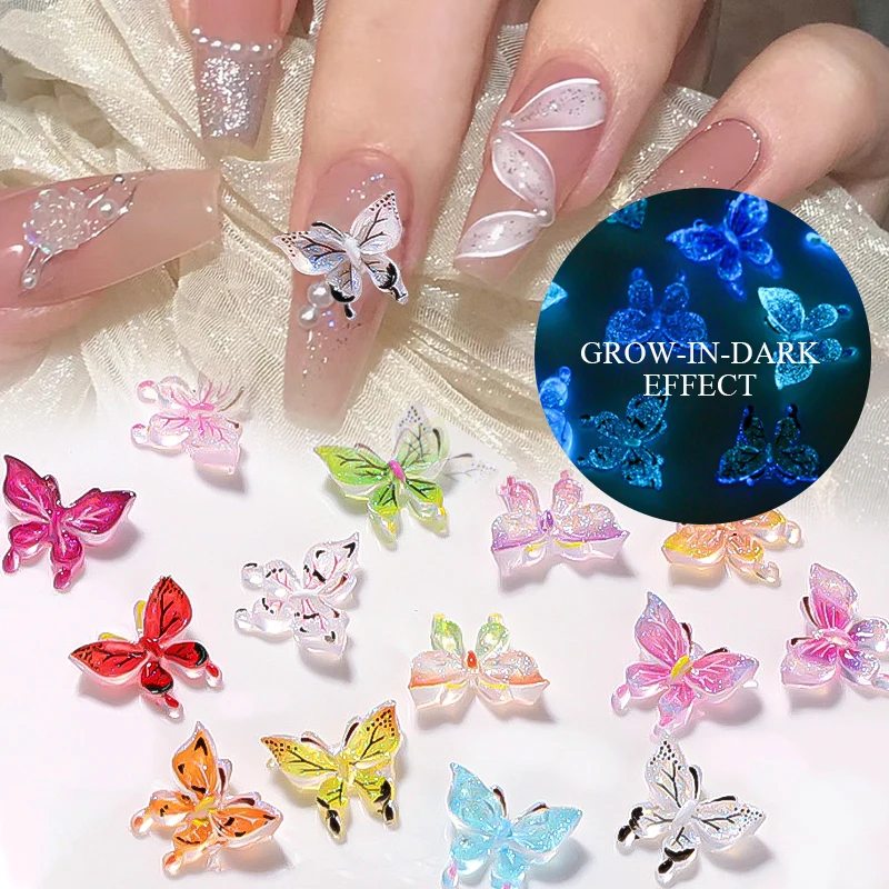 1Bag Glitter Butterfly Nail Charms Aurora Flatback Heart Grow-In-Dark Luminous Bowknot 3D Nail Art Jewelry Manicure Accessories