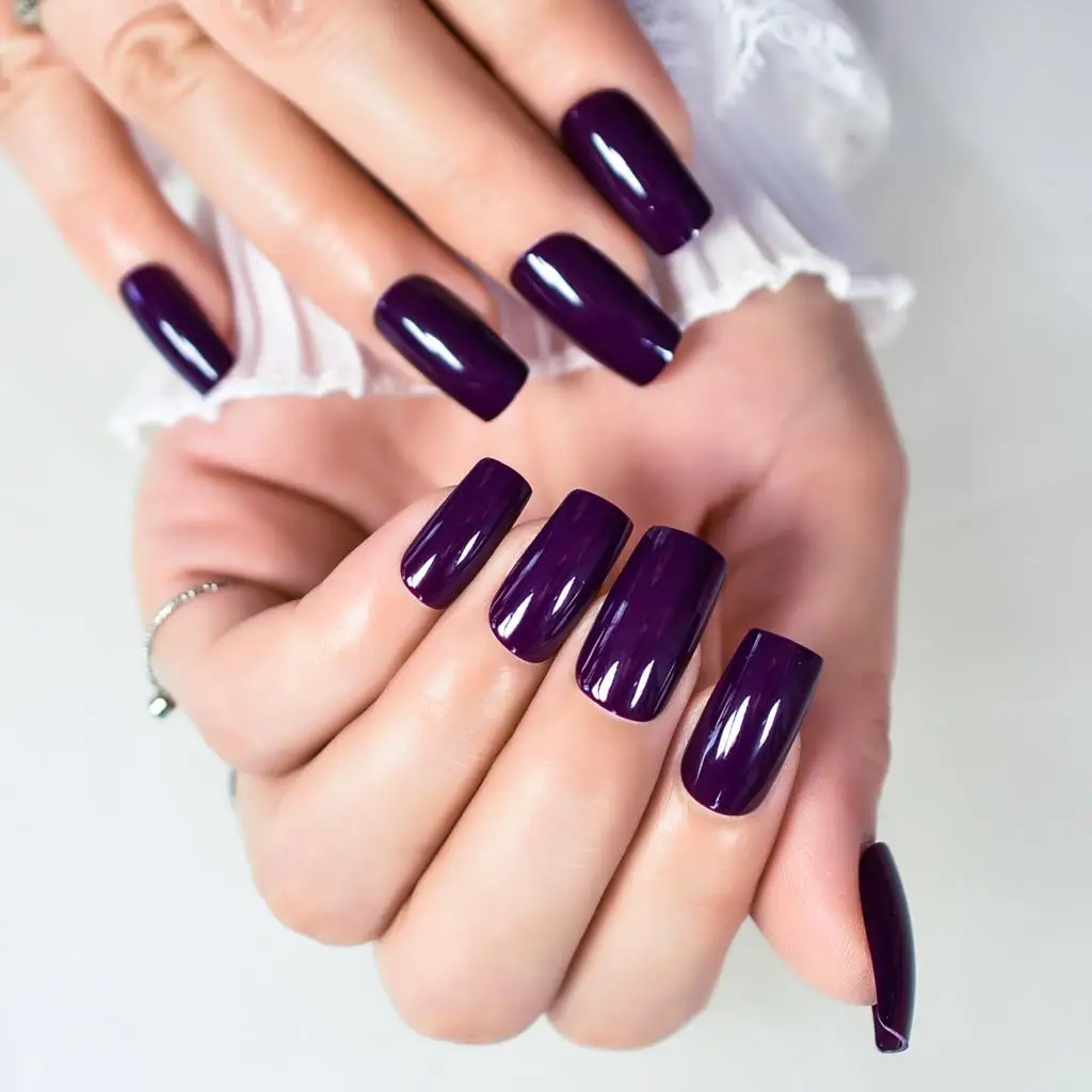 24pcs Dark Purple Press On False Nails Medium Length Square Reusable Acrylic Solid Color Nail Art Tips Fake Fingernails