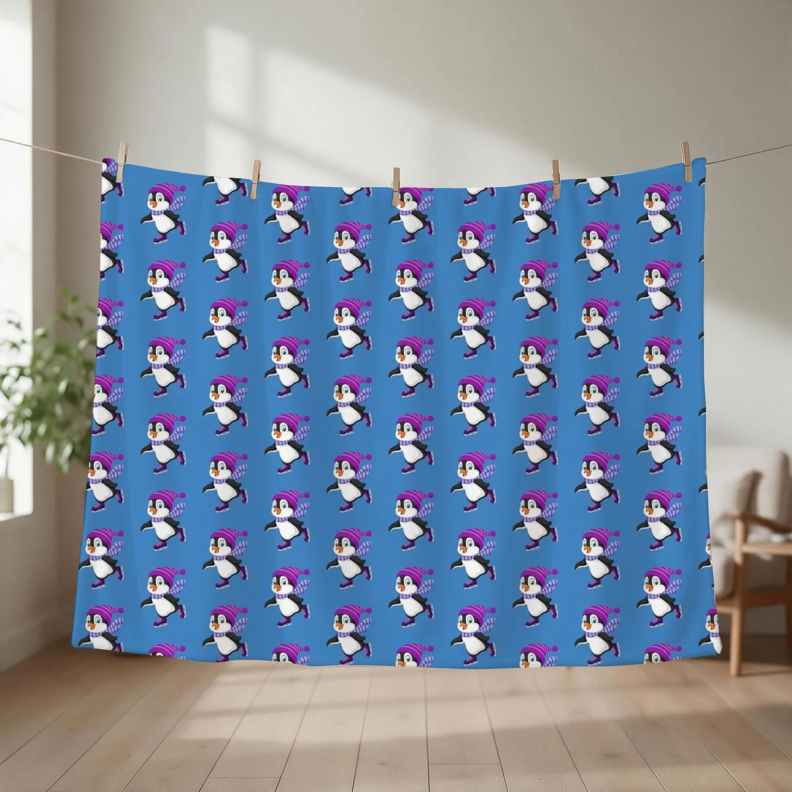 Cute Penguin Ice Skating Purple Hat Skates Throw Blanket Luxury St Decorative Throw Thin Camping Blankets