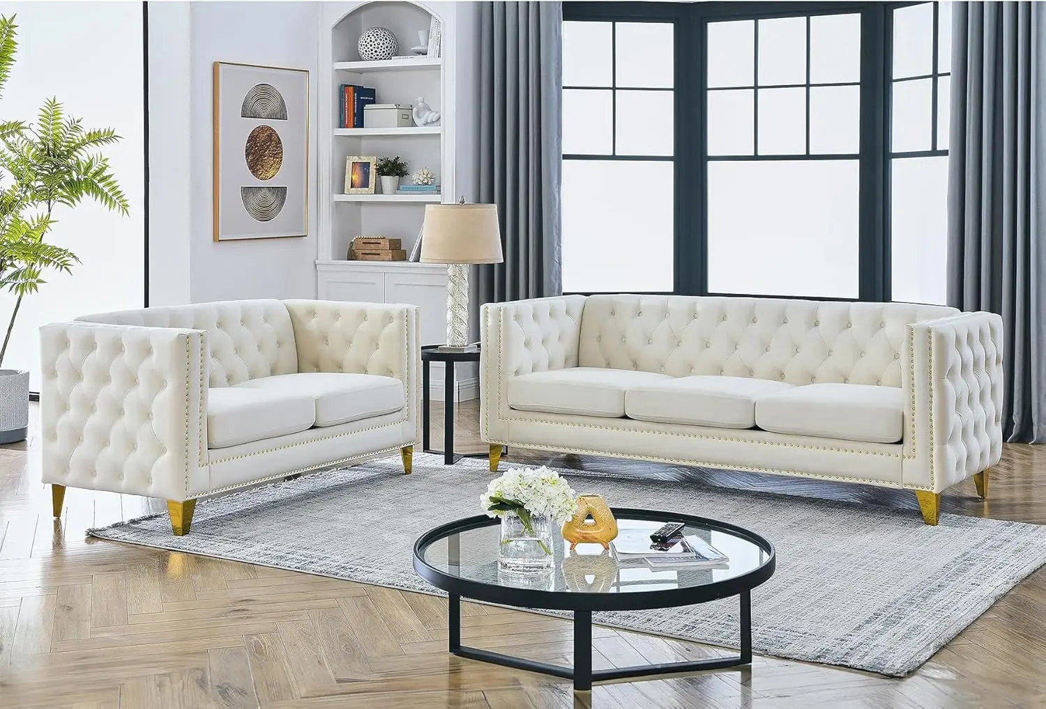 Velvet Living Room Sofa Set Of 2, Comfy Loveseat And 3 Seater Couch, Modern Sofa With Tufted Back And Rivet Decoration,