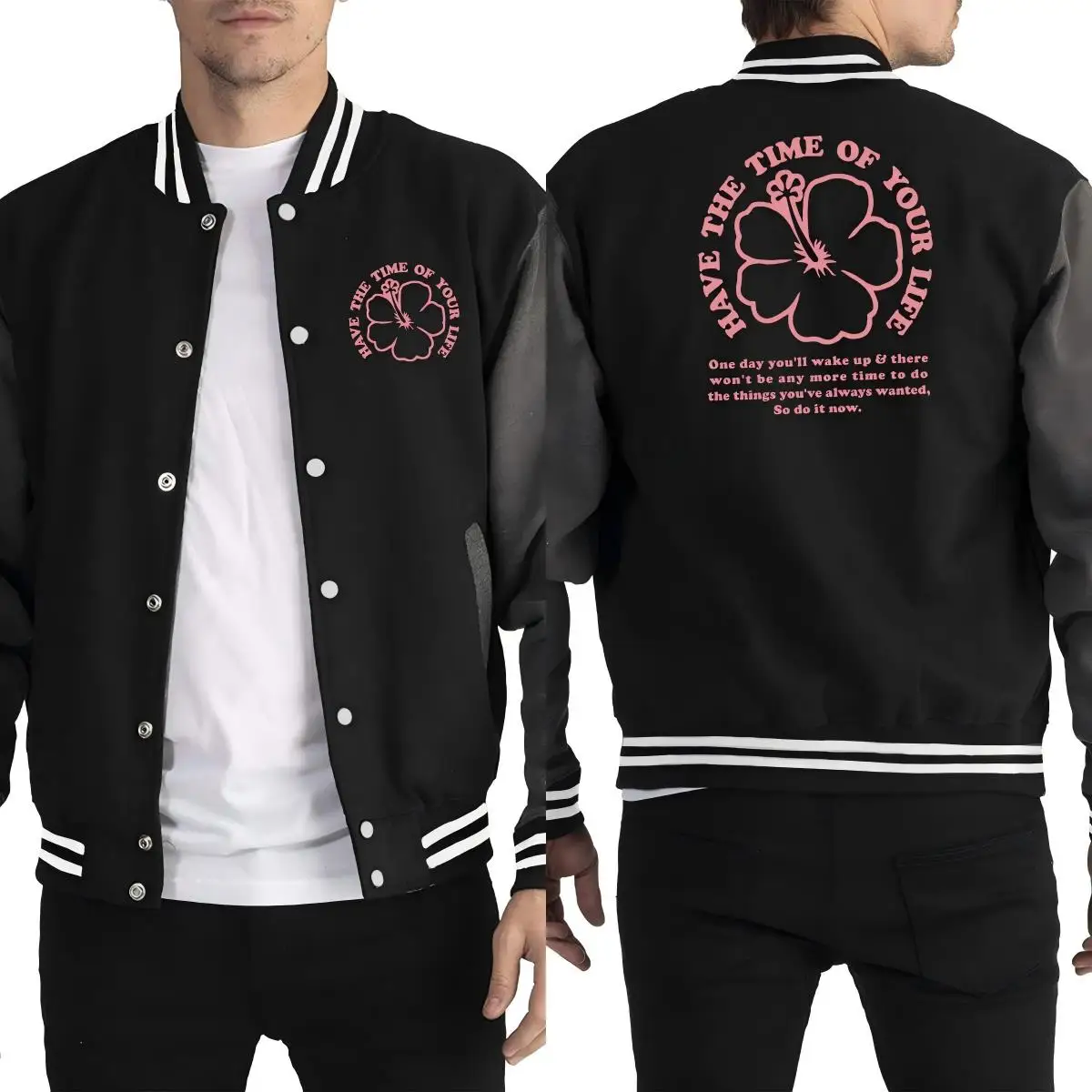 

Have The Time Of Your Life Flower Print Men Streetwear Button Jacket Casual Loose Baseball Uniform Autumn All-Match Clothes